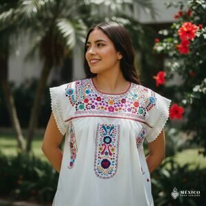 Mexican Embroidered Blouse – Handmade Otomi Flowers  Design